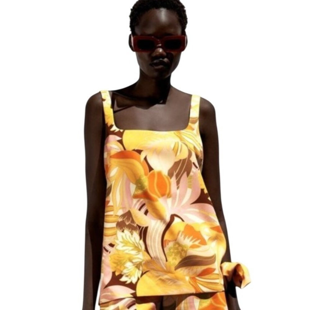 Zara Womens Yellow Floral‎ Square Neck Tank Top Retro Print Sleeveless XS NWOT